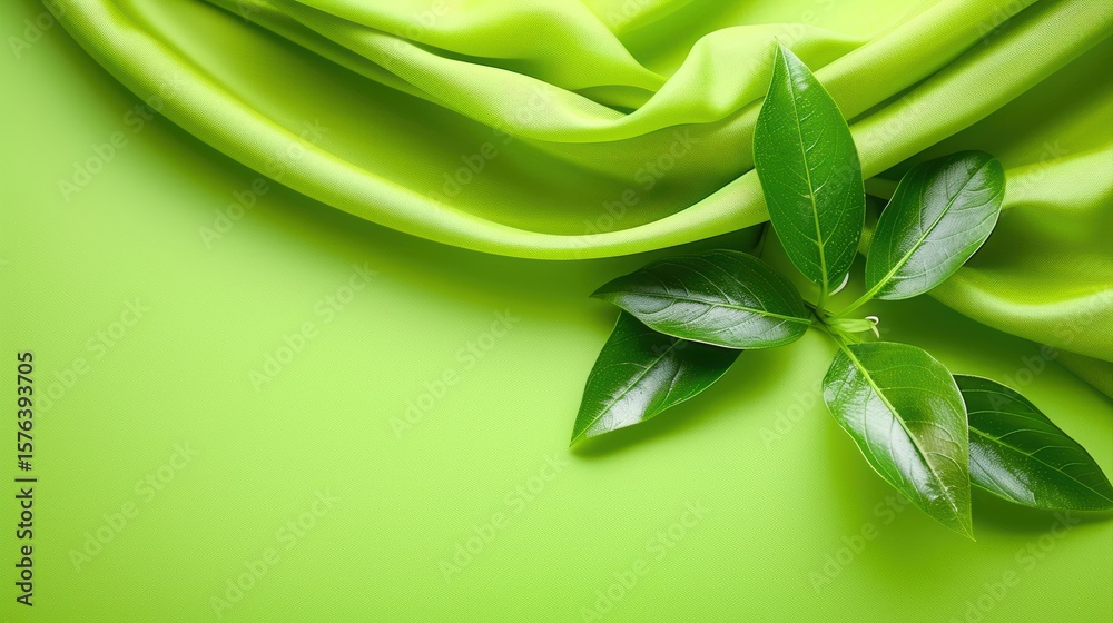 Obraz premium Green silk fabric draped elegantly with fresh leaves creating a vibrant natural composition