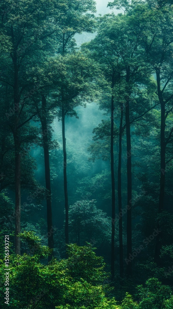 Fototapeta premium Lush Green Forest Scene with Mist and Tall Trees