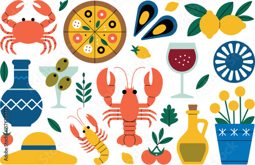 A flat vector illustration featuring seafood, pizza, drinks, and other mediterranean elements