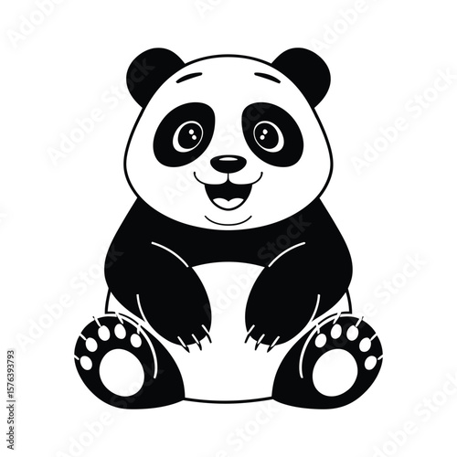Minimal line art illustration of a smiling panda bear sitting with paws on cheeks on white background