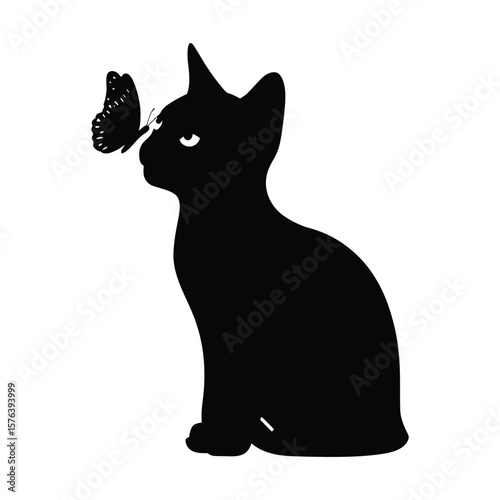 Minimal silhouette vector of sitting kitten with butterfly on nose isolated on white background