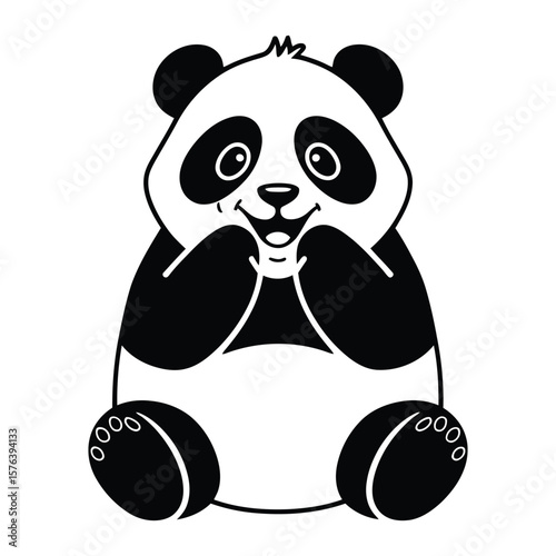 Minimal line art illustration of a smiling panda bear sitting with paws on cheeks on white background