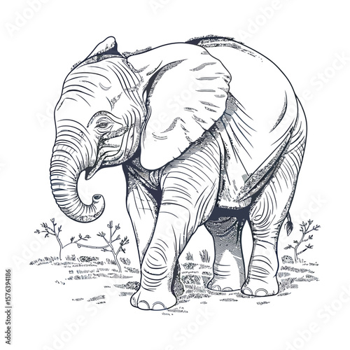 Minimalistic line art of baby elephant with soft curves standing in natural setting with grass and trees