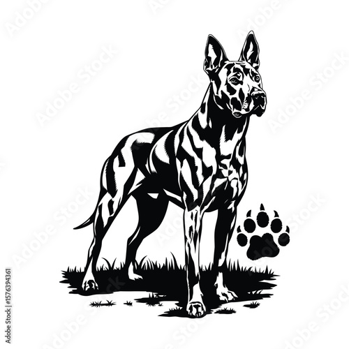 Silhouette vector of alert dog with raised paw and paw print with heart cutout isolated on white background