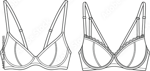 Women's Triangle Bra Underwear Vector Template: Plain and Lace Detail Designs, Lingerie Fashion Apparel, Comfortable Innerwear Mockup, Digital Illustration, Undergarment Blueprint.