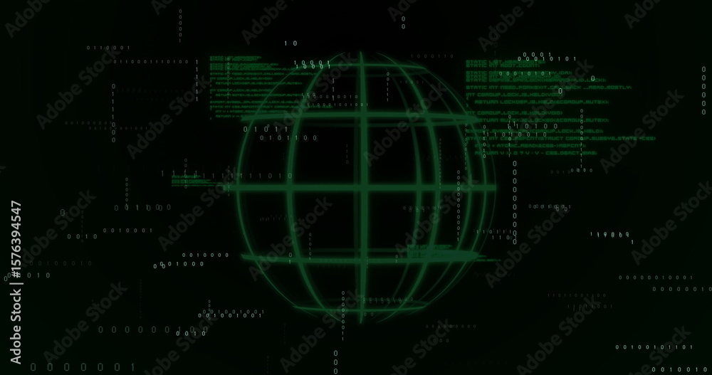 Obraz premium Glowing green wireframe globe rotating in virtual space, with binary digits and code fragments