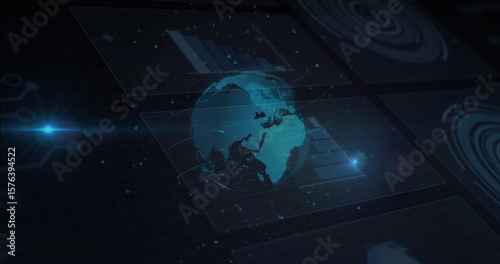 Konstfotografi Projecting holographic globe rotating with data points in digital command hub, w