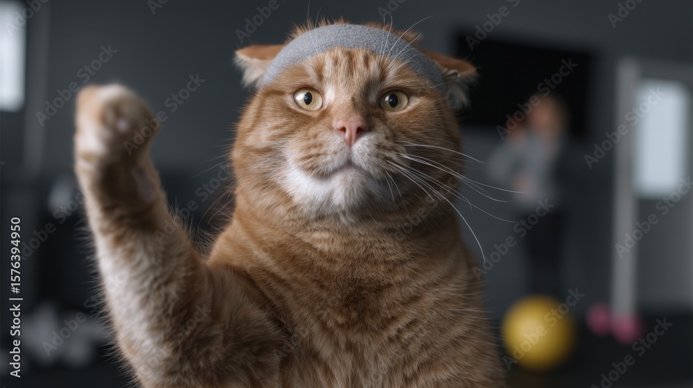 Ginger cat wearing headband playfully smacking paw in gym setting Ginger cat wearing headband playfully smacking paw in gym setting