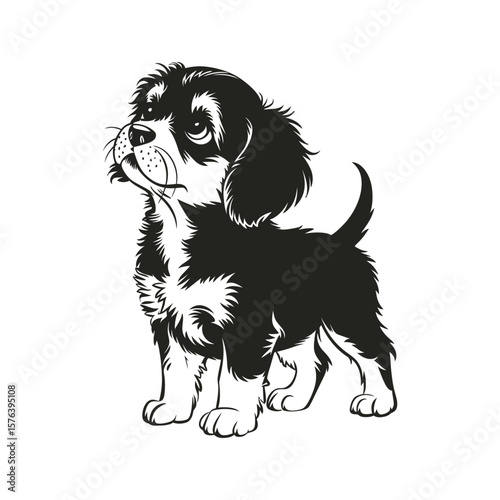Silhouette vector of cute puppy with floppy ears looking upwards isolated on white background