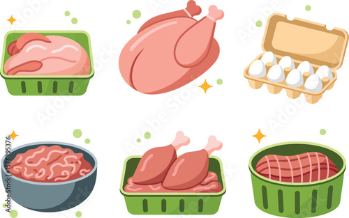 Illustration of raw chicken parts and eggs in various containers on a white background