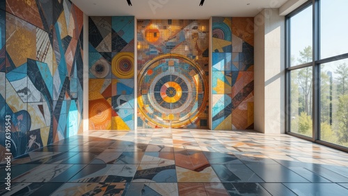 Modern Art Mural in Brightly Lit Interior Space with Geometric Patterns and Textures