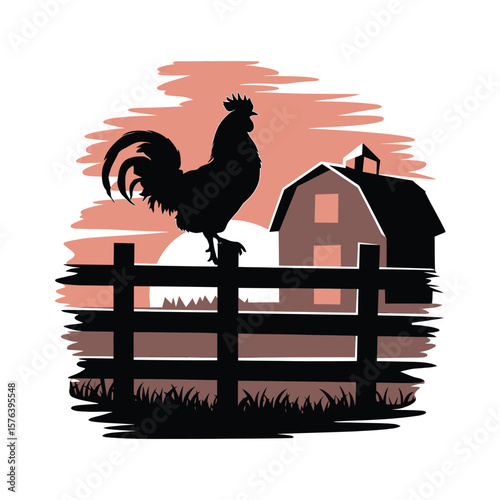 Silhouette vector of rooster crowing with wings spread perched on barn fence at sunrise isolated on white background