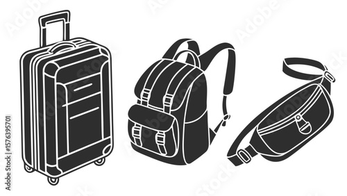 "Black silhouette icons of luggage and bags: hard-shell suitcase, carry-on, backpack with straps, fanny pack, minimalist travel symbols"
