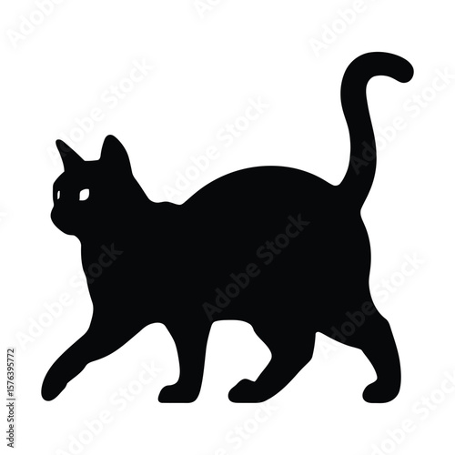 Silhouette vector of walking cat with raised tail in solid black style isolated on white background