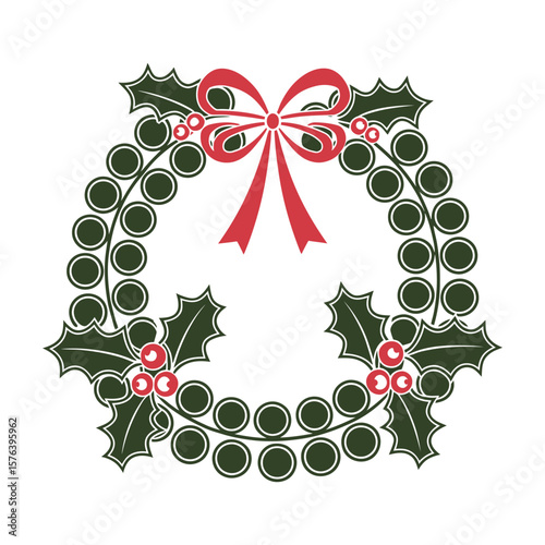 Simple line art vector of Christmas wreath with holly leaves and red bow on white background