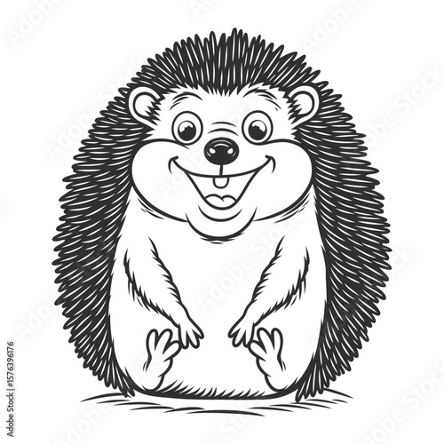 Simple line drawing of a happy hedgehog with raised quills and big smile sitting on a rock on white background