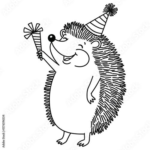 Simple line drawing of a happy hedgehog with raised quills isolated on white background