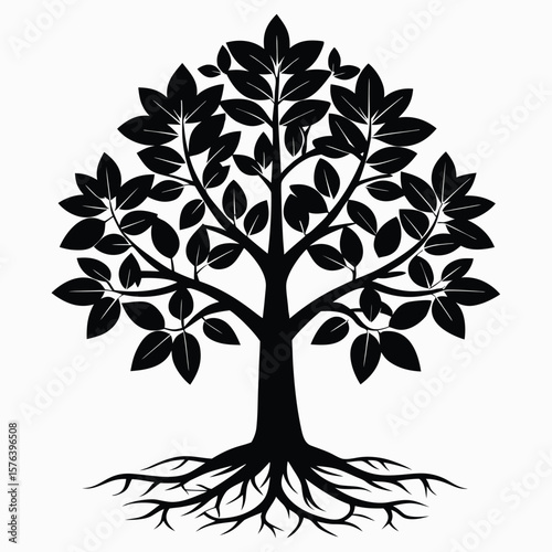 Black silhouette of a deciduous tree with visible roots and leaves white