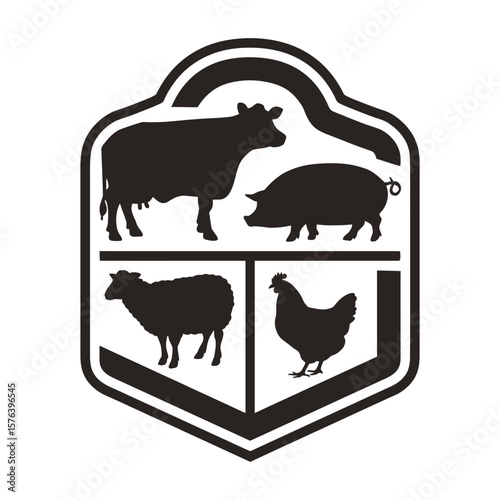 Stylized farm logo with animal silhouettes inside badge vector isolated on white background