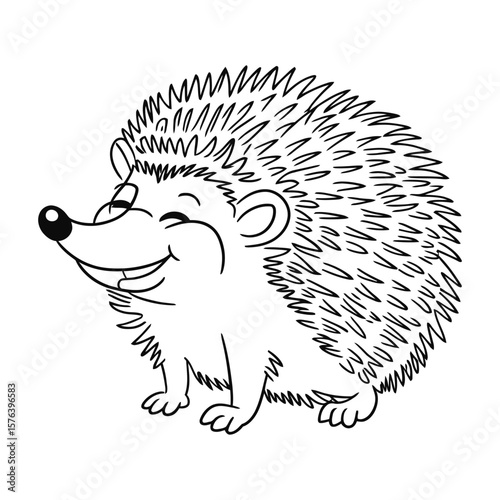 Simple line drawing of a happy hedgehog with raised quills isolated on white background