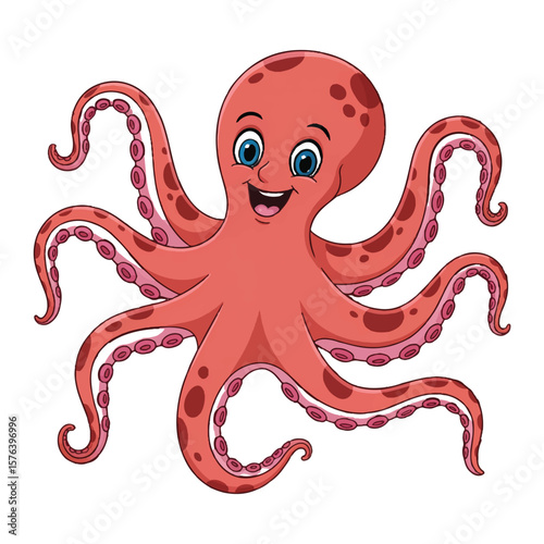 A happy cartoon octopus with big blue eyes and a wide smile waving its tentacles