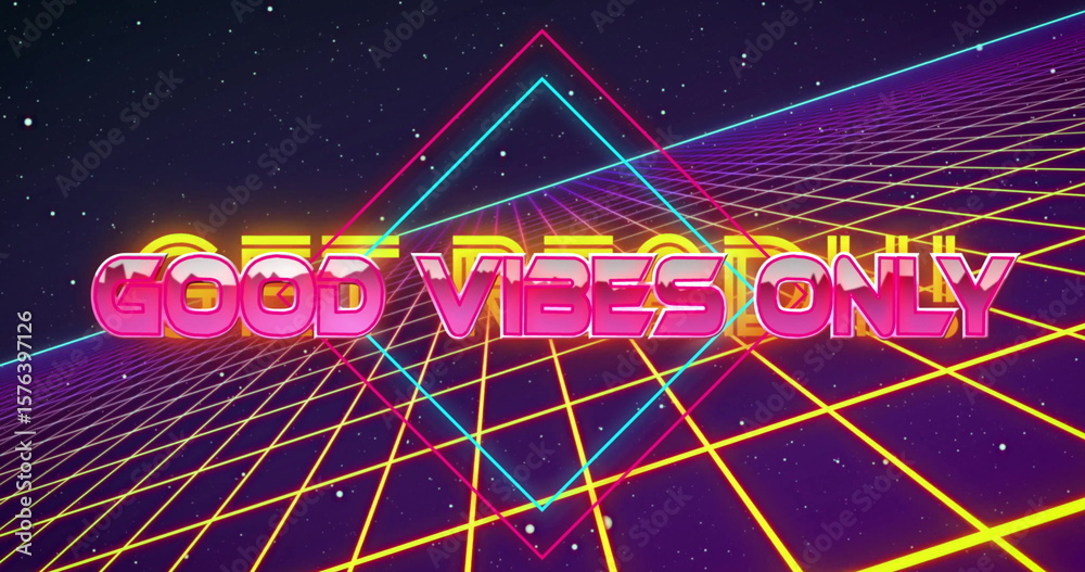 Naklejka premium Glowing 3D GOOD VIBES ONLY text hovering in neon grid under stars, with two-color diamond shapes