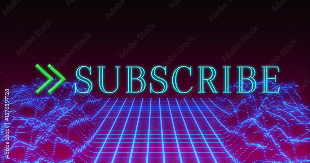 Naklejka premium Neon cyan SUBSCRIBE text hovering in blue wireframe grid, with green chevrons, magenta waves, stars