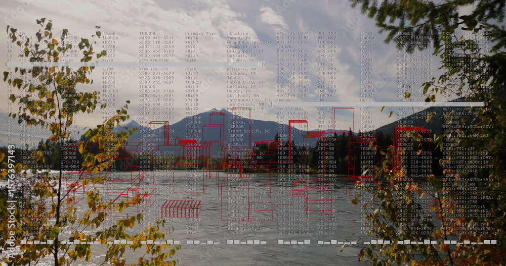 Fototapeta premium Displaying lake view reflecting mountains at lakeshore, with data overlay, red blocks and branches
