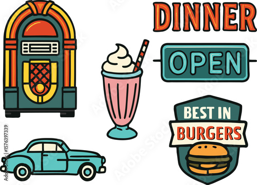A retro diner scene with a jukebox, milkshake, vintage car, burger sign, a classic dining experience