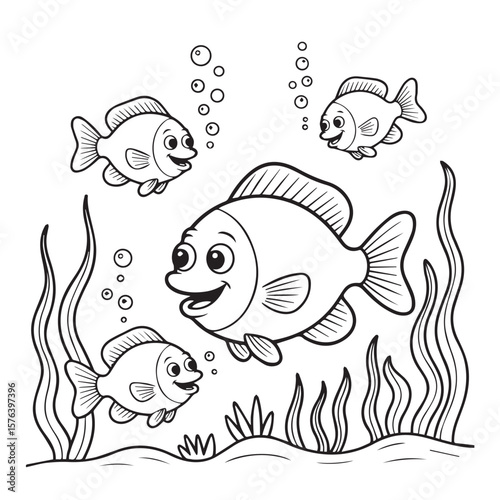 Three happy cartoon fish swimming together in the ocean with seaweed and bubbles in a black and white illustration