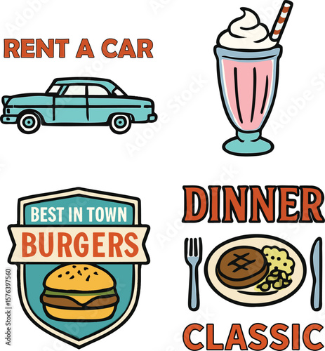 Nostalgic diner icons showcase classic American food and retro style, evoking memories vintage culture