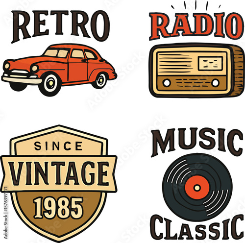 Nostalgic vintage radio, classic music, and retro car icons, a timeless collection blending memories and art