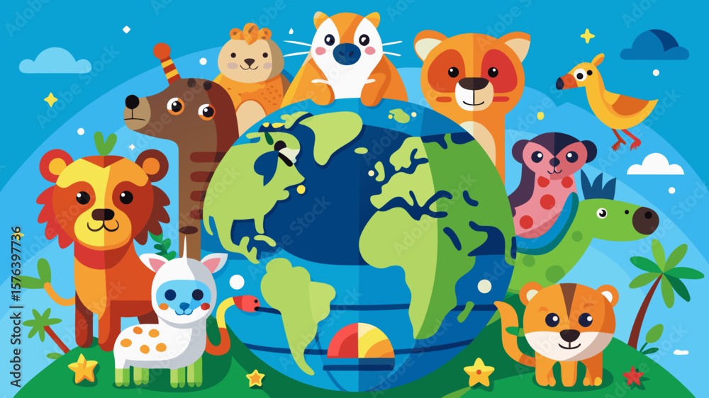 Fototapeta premium World Animals Cartoon Illustration – Colorful Globe with Cute Wildlife for World Animals Day