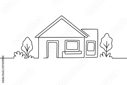 Continuous Line Drawing of a Modern Minimalist House with Trees