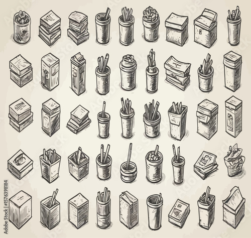 Black and white hand-drawn pattern of assorted jars, bottles, and containers for packaging design, home organization, and minimalist illustration