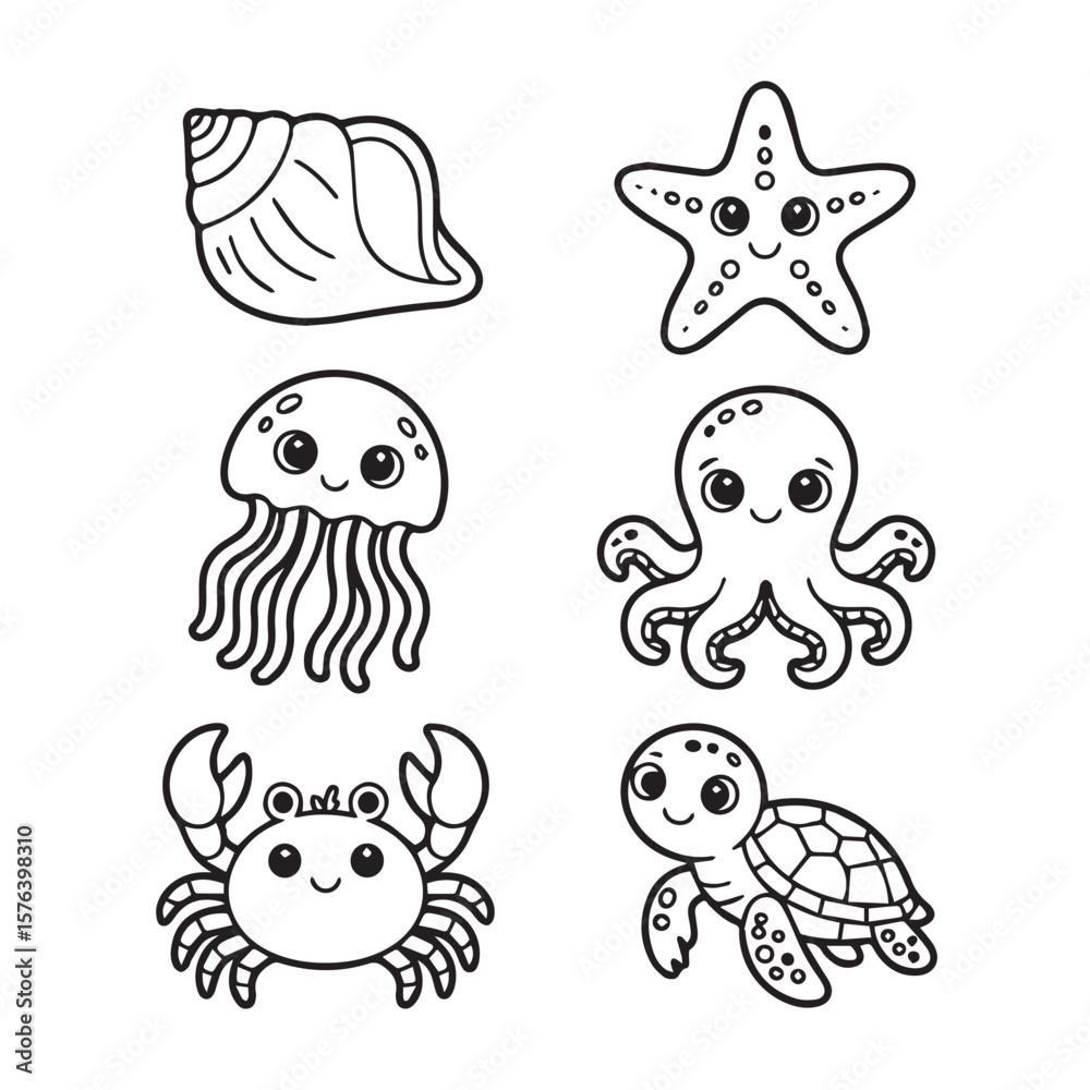 Fototapeta premium Cute cartoon black and white line art drawings of a seashell starfish jellyfish octopus crab and sea turtle on a white background