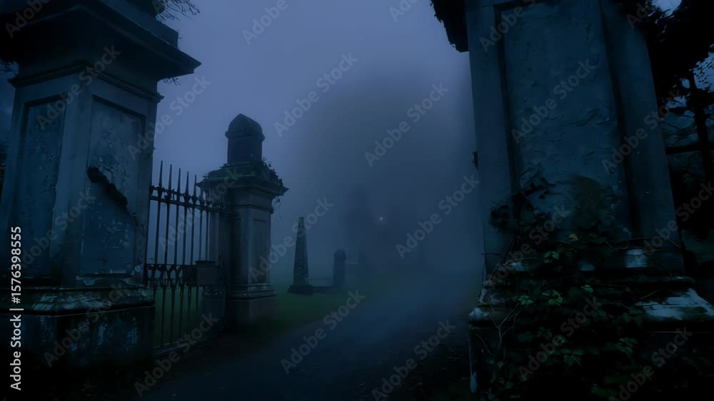 Misty fog silently drifting through weathered cemetery gates, enveloping ancient tombstones with haunting twilight shadows, creating deep supernatural atmosphere