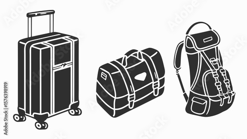 Travel luggage icon collection in silhouette: wheeled bags, briefcase, hiking backpack, travel pouch, vacation gear in black outline"

