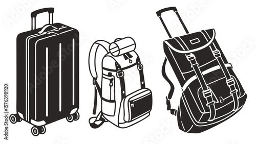 Travel luggage icon collection in silhouette: wheeled bags, briefcase, hiking backpack, travel pouch, vacation gear in black outline"

