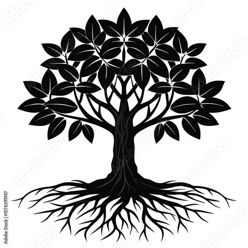 Black silhouette of a leafy tree with exposed roots white leaves