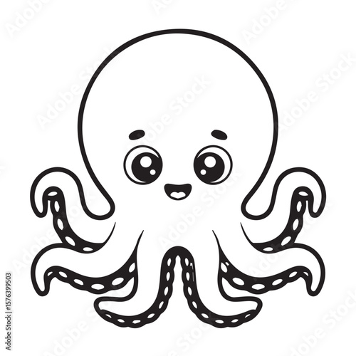 Cute cartoon black and white octopus with big eyes and a happy smile isolated on white background