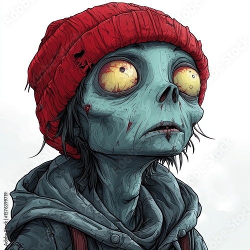 Zombie girl with red hat and green eyes. 2d illustration. Zombie Isolated on white. Zombie 2d illustration. Halloween. Halloween Concept Cut-out Sticker.