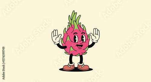 A retro cartoon character of a vibrant dragon fruit dancing with joy and excitement on a light background