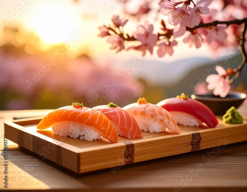 Sushi nigiri sobre bandeja de bambú