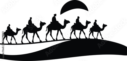 Camel Caravan Silhouette on Desert Dunes – Travelers Under Sunset Vector Art