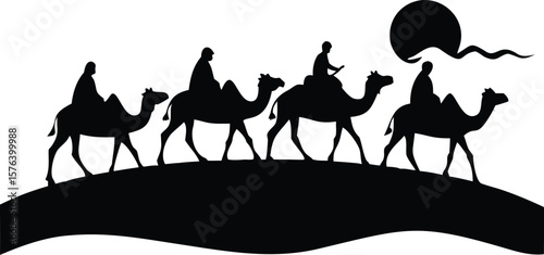 Camel Caravan Desert Silhouette Vector – Nomads Crossing Sand Dunes Under Sun