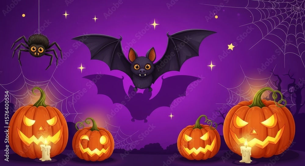 Fototapeta premium Spooky Halloween Night with Pumpkins and Bat - Halloween night scene with carved pumpkins, a bat, and spider, symbolizing autumn, spooky fun, harvest, darkness, and celebration