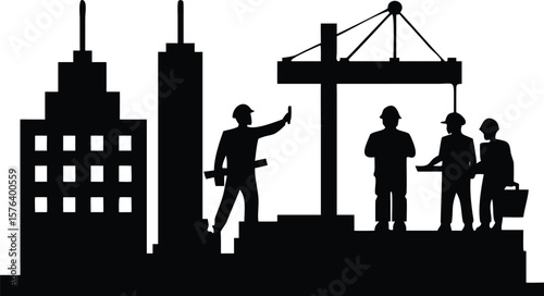 City Construction Workers Silhouette with Crane and Skyscrapers