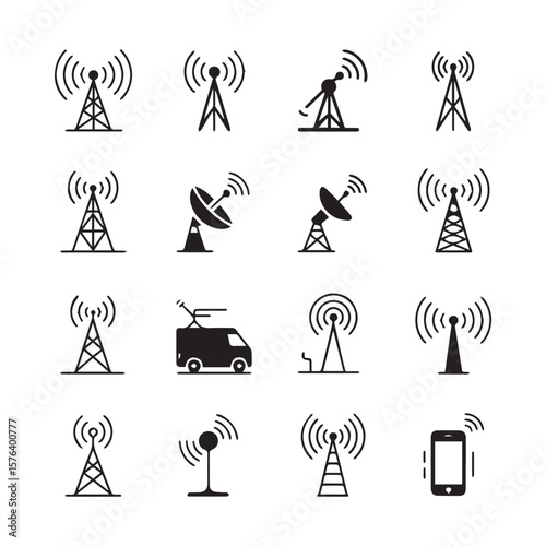 Collection of diverse communication tower and antenna icons representing wireless signals and broadcasting technology