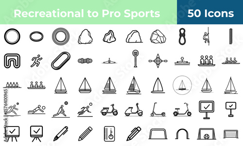 A collection of recreational and pro sports icons including climbing rowing sailing and soccer equipment